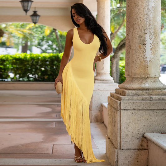 Women Sexy Strap Backless Tassel Stitching U Neck Dress