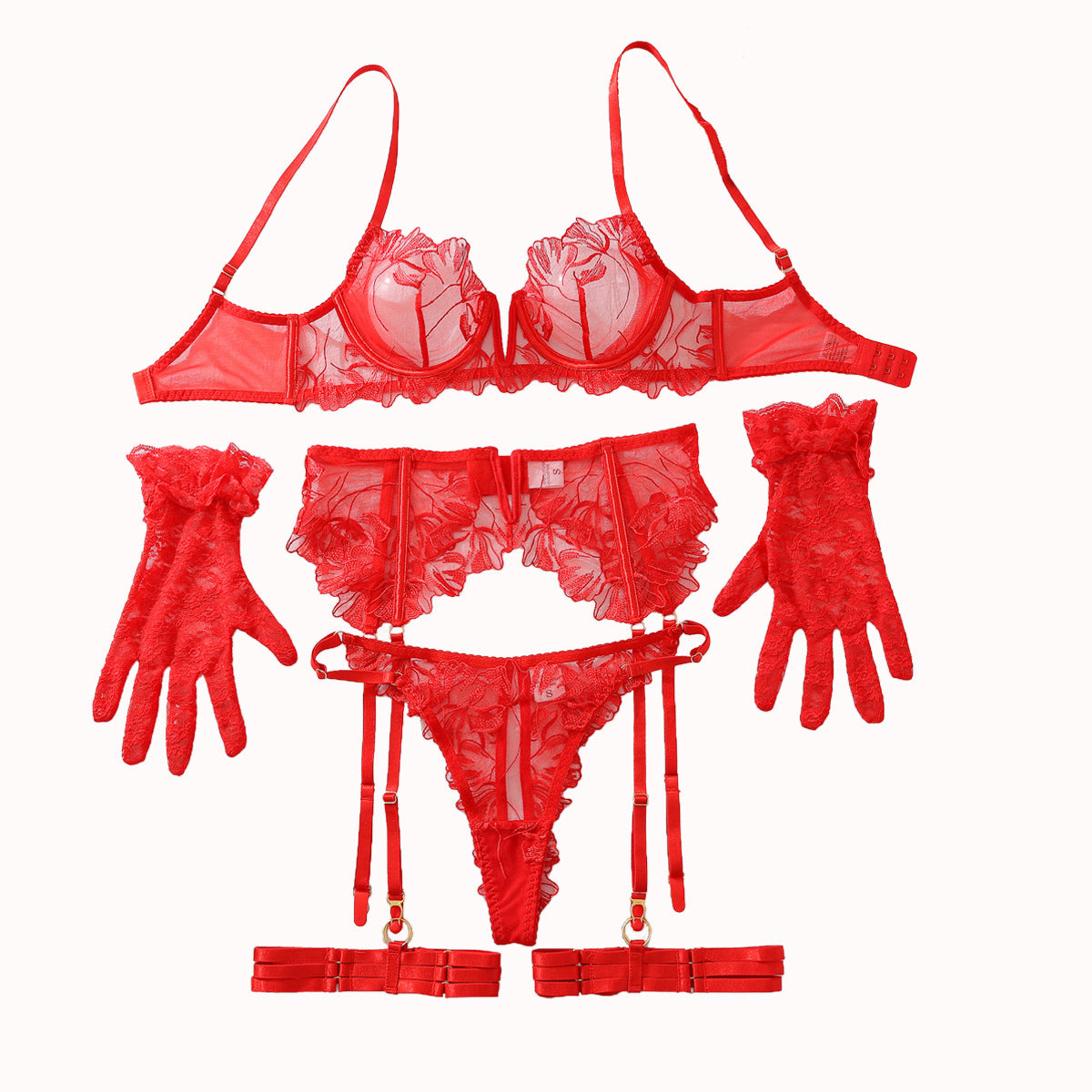 Lace Hollow Out Cutout Backless Comfortable Sexy Bra Set Women Underwear Underpants Garter Five Piece Set