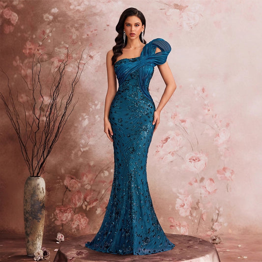 Elegant Graceful Cocktail Party Evening Dress Advanced Shape Sequin One Shoulder Graduation Ball Fishtail Dress