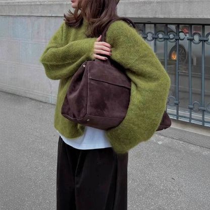 Women Autumn Winter Loose Long Wool Alpaca round Neck Sweater - Wanita Store