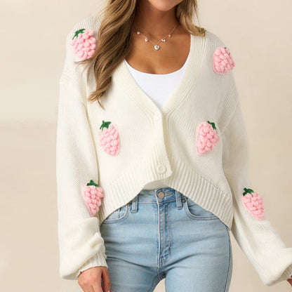 3D Strawberry Pattern Women Elegant Sweater Cardigan Autumn Winter Button Long Sleeve Sweater - Wanita Store