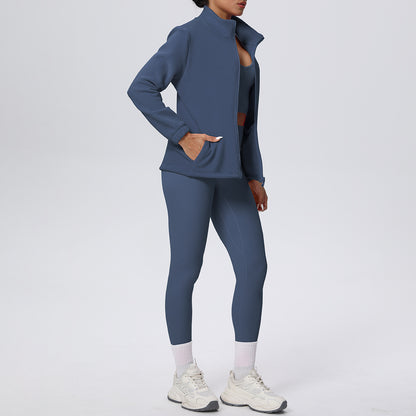 Skinny Yoga Pants High Waist Hip Lift Nude Feel Sports Long Sleeve Zipper Fleece Padded Coat Workout Clothes Yoga Suit - Wanita Store