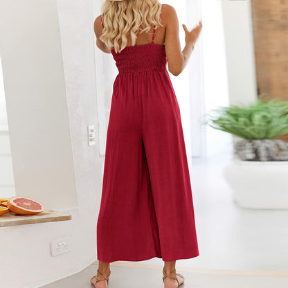 Summer Solid Color Women Suspender Trousers Waist Trimming Spaghetti Straps Long Wide Leg Pants Jumpsuit - Wanita Store
