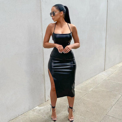 Arrival Faux Leather Night Club Sexy Backless Lace up Solid Color Personalized Split Sling Dress - Wanita Store