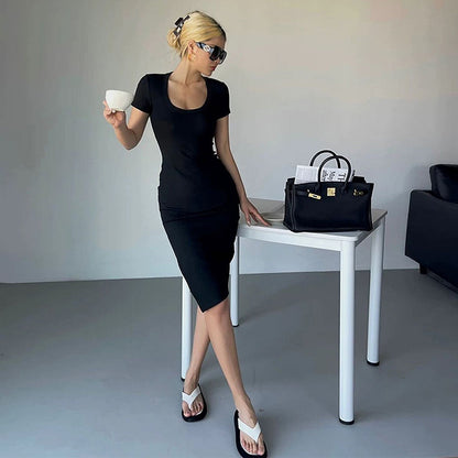 Women Clothing Round Neck Short Sleeve Regular Slimming Hip Split Hipster Dress Summer - Wanita Store