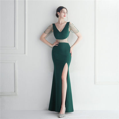 Dress Rhinestone Beaded Star Host Dinner Wedding Long Evening Dress - Wanita Store