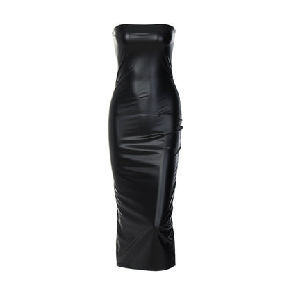 Women Clothing Autumn Sleeveless Tube Top Sexy Slimming Slit Mid Length Sheath Dress Women - Wanita Store