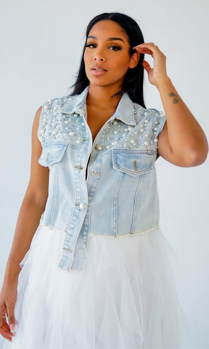 Beads Rhinestones Denim Vest Coat Denim Shawl Women - Wanita Store