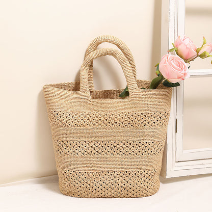 Raffia Portable Straw Weaved Bag Hand Carrying Large Capacity Hollow Out Cutout Woven Bag Seaside Vacation Beach Bag - Wanita Store
