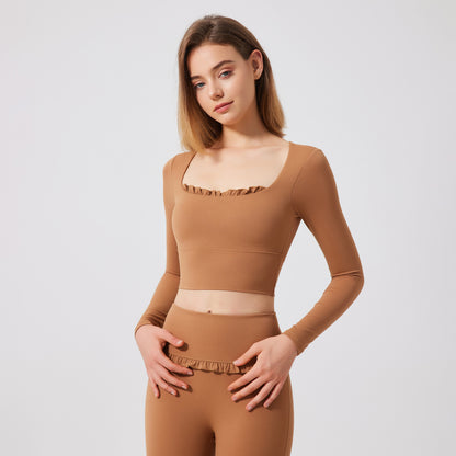 Autumn Winter Nude Feel Lace Yoga Clothes Long Sleeve Semi Fixed Cup Running Slim Sports Bra Breathable Workout Clothes Top - Wanita Store