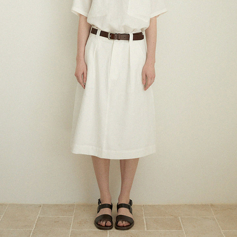 Pure Linen A line Skirt Women Summer High Waist Skirt Old Money Slimming Loose Straight Dress over the Knee Office Mid Skirt (no belt)