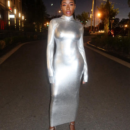 Women Clothing Metallic Coated Fabric Turtleneck Long Sleeve Waist Slimming Sheath Mid Length Dress Women - Wanita Store