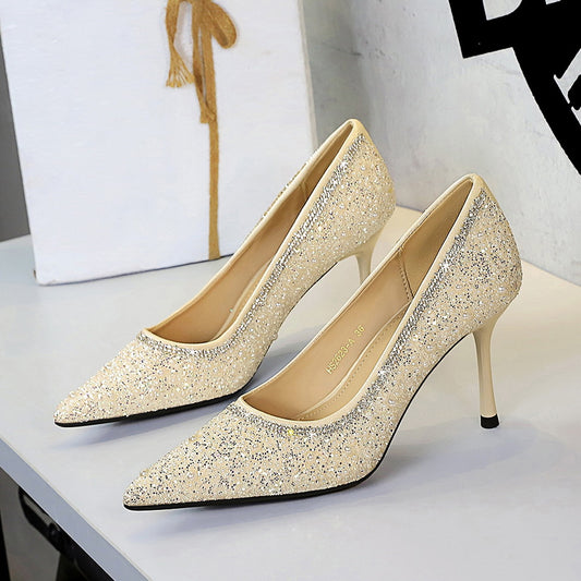 French Cocktail High Heels Women Sequined Beaded Pointed Low Cut Stiletto Heel Slip on Pumps Women