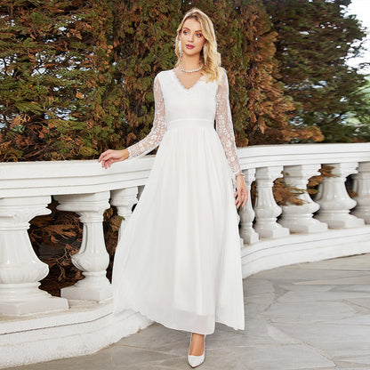 Dress Slim White Wedding Dress Lace V neck Dress Chiffon Wedding Clothes - Wanita Store