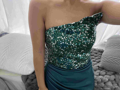 Green Sequined Fairy Wedding Long Long Sleeve One-Piece Mid-Length Evening Dress - Wanita Store