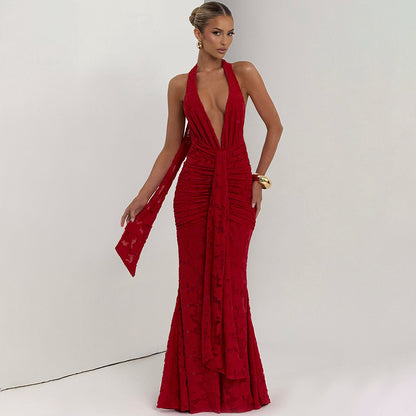 Lace Pleated Maxi Dress Women Sexy Deep V Plunge neck Backless Sheath Dress - Wanita Store