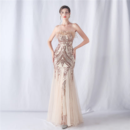 Ostrich Feather Positioning Floral Cutting Wedding Annual Meeting Tube Top Sequin Gauze Evening Dress - Wanita Store