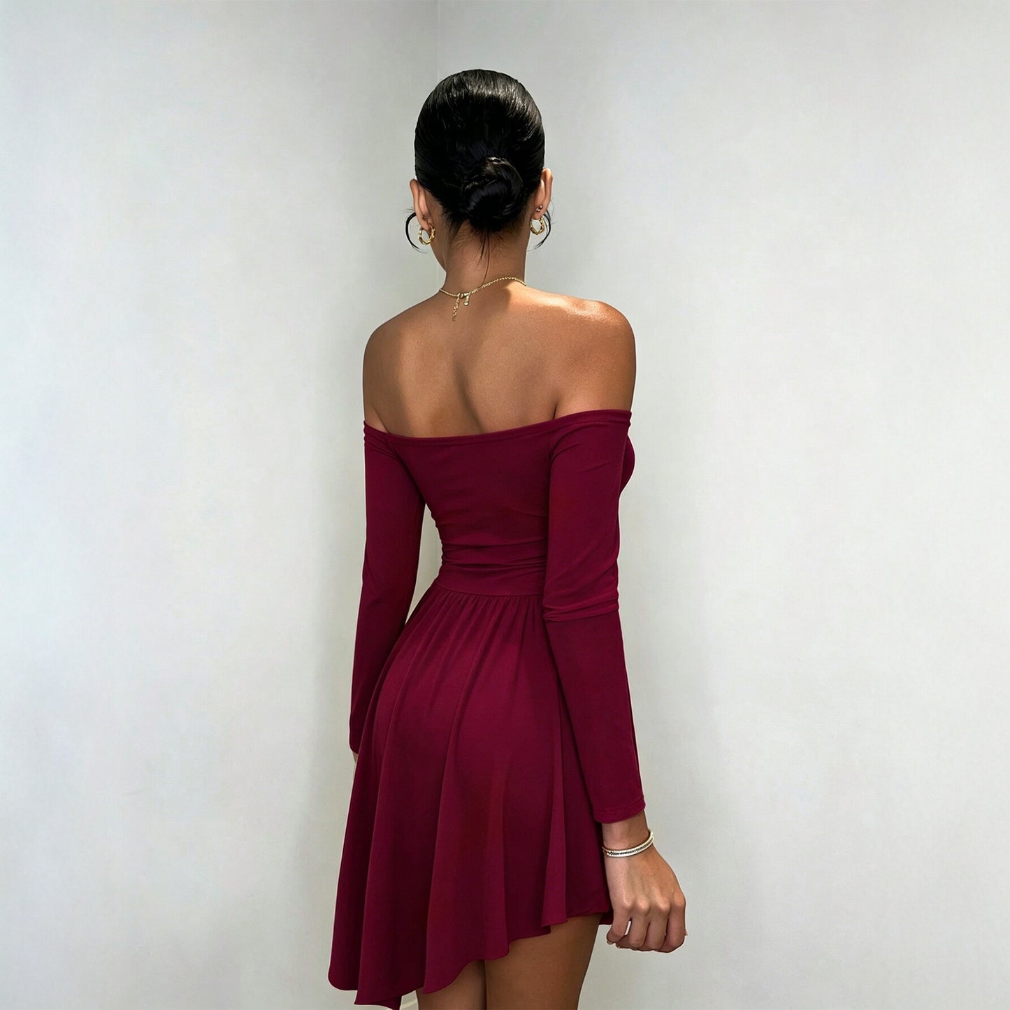 Off Shoulder Long Sleeve Dress Tight Waist Irregular Asymmetric Sexy Dress