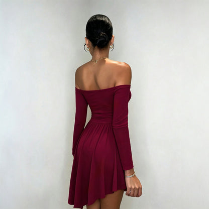 Off Shoulder Long Sleeve Dress Tight Waist Irregular Asymmetric Sexy Dress