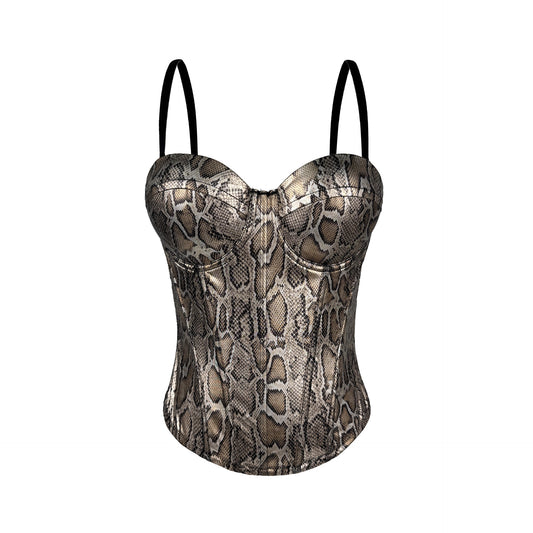 Sexy Gold Silver Color Snake Print Vest Spaghetti Straps Outerwear Gathered Boning Corset Corset Body Shaping Personality Boning Corset Top