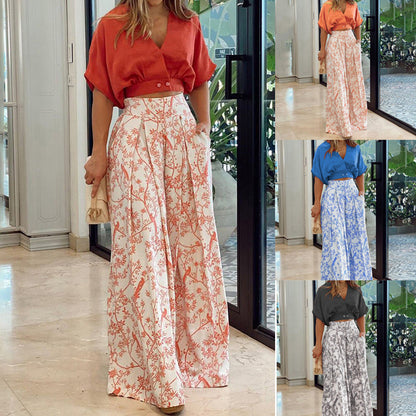 Fashion V neck Short Shirt Top Suit Printed Office Wide Leg Pants Women Clothing - Wanita Store