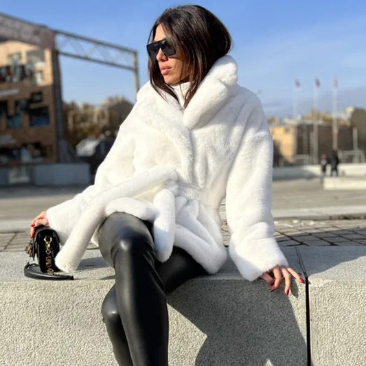 Fur Coat Imitation Rabbit Fur Collared Thickening Warm with Belt Coat Women Plush