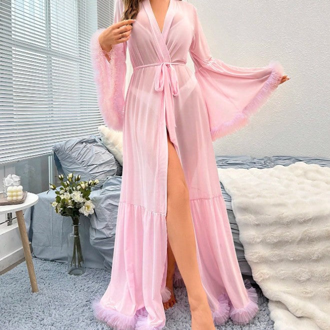 Long Sleeved Chiffon Feather Cloak Women Pink Bride Wedding Dress Sexy Dress Pajamas Outerwear Gown Can Be Worn outside