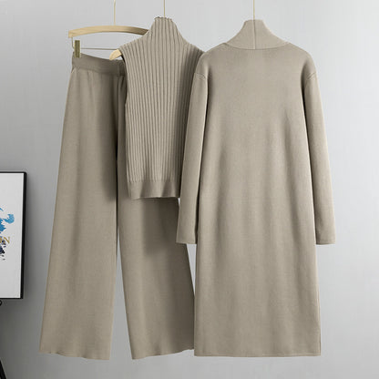 Spring Loose Knitting Suit Women Long Shawl Cardigan Turtleneck Vest Wide Leg Pants Three Piece Set - Wanita Store