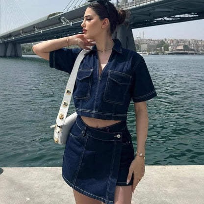 Workwear Denim Culottes Women Summer V neck Short Sleeved Top Summer Women Sexy High Waist Irregular Asymmetric - Wanita Store