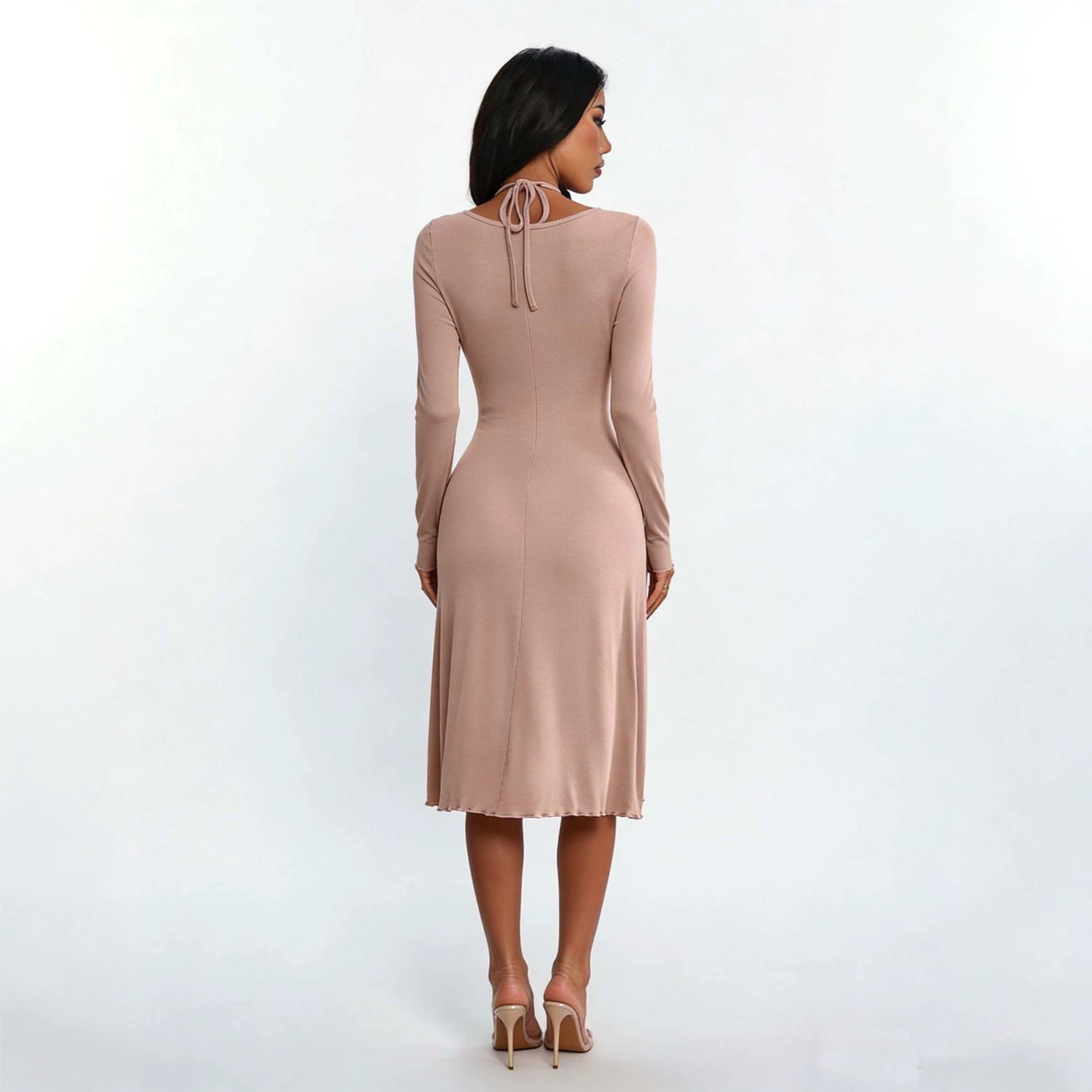 Gentle Halter Cross Dress Tight Waist Slimming Flounce Office Midi Dress