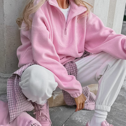 Autumn Winter Lambswool Loose Lapels Pullover Sweatshirt Polar Fleece Women Clothing - Wanita Store