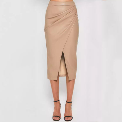 Women Clothing Faux Leather Split Skirt Autumn Winter High Waist Zipper Heap Pleated Leather Skirt Sexy Hip Skirt - Wanita Store