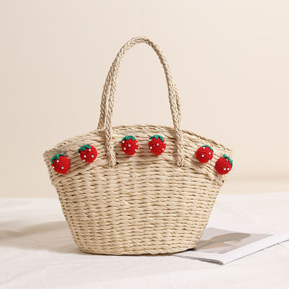 Cute Strawberry Portable Vegetable Basket Bag Hand Carrying Large Capacity Straw Bag Vacation Beach Bag Hand Woven Bag - Wanita Store