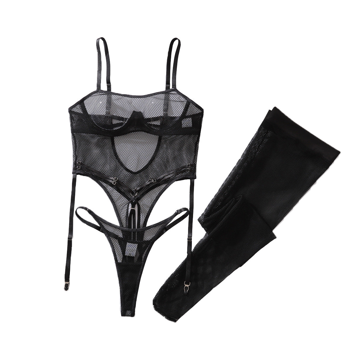 Hollowed out See through Fishnet Clothes Body Shaping Sexy Underwear Split Set with Fishnet Stockings