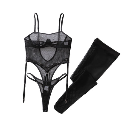 Hollowed out See through Fishnet Clothes Body Shaping Sexy Underwear Split Set with Fishnet Stockings