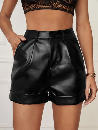 Faux Leather Shorts Women Outer Wear Summer High Roll Hem Pleated Ladies Casual Hip-Wrapped Pants - Wanita Store