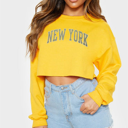 Women Clothing Autumn Winter York Letter Graphic Printing Short Loose Long Sleeves Sweatshirt - Wanita Store