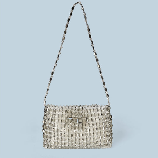 Retro Silver Beaded Bag Crossbody Bag Mobile Phone Bag Small Square Bag with Zip Hand Woven Bag