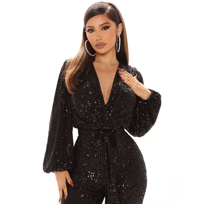 Fall High-End Women Sequ Deep V-neck Long Sleeve Jumpsuit Jumpsuit Trousers - Wanita Store