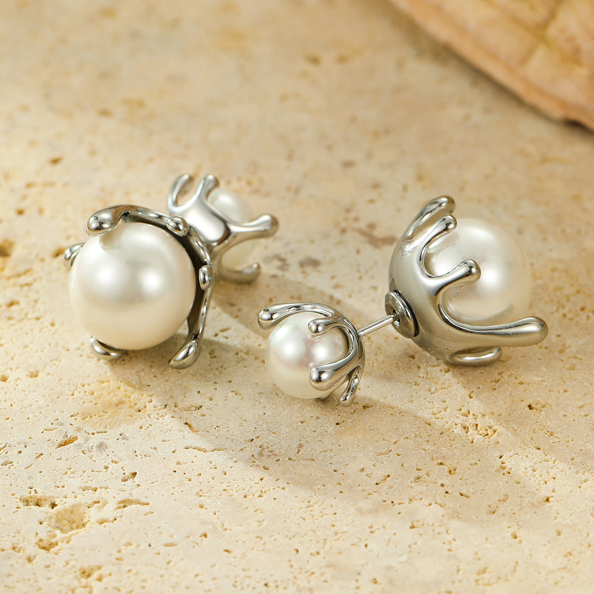 French All Matching Retro Titanium Steel One for Dual Wear Pearl Stud Earrings Personality Trend Light Luxury Earrings Women - Wanita Store