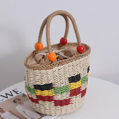 Cute Wooden Bead Portable Straw Weaved Bag Fresh Color Plaid Hand Carrying Woven Bag Fruit Picnic Basket Beach Bag - Wanita Store