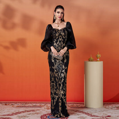 Women Senior Long Sleeve Square Neck Slim Fit Sheath Sequined Cocktail Evening Dress - Wanita Store