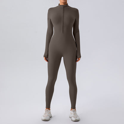 Zipper Nude Feel Long Sleeve Yoga Jumpsuit Women Sports Fitness Training Dance One Piece Bodysuit - Wanita Store
