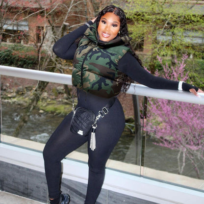 Street Camouflage Vest Quilted Stand Collar Zipper Sleeveless Short Shipment Cotton Padded Coat - Wanita Store