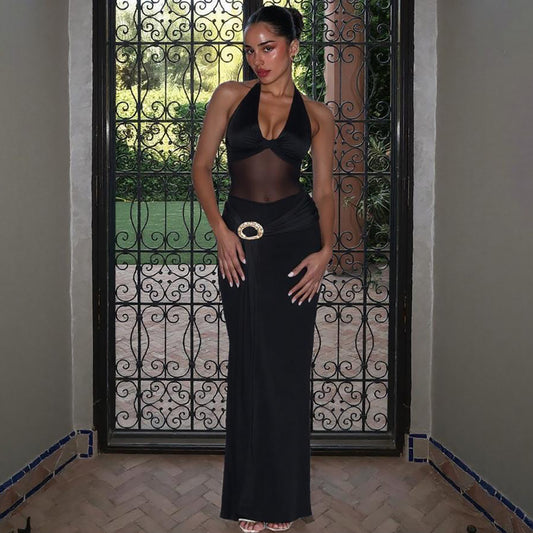 Fall Women Clothing Sexy Mesh Stitching Semi See through Slim Fit Halter Tied Dress Women