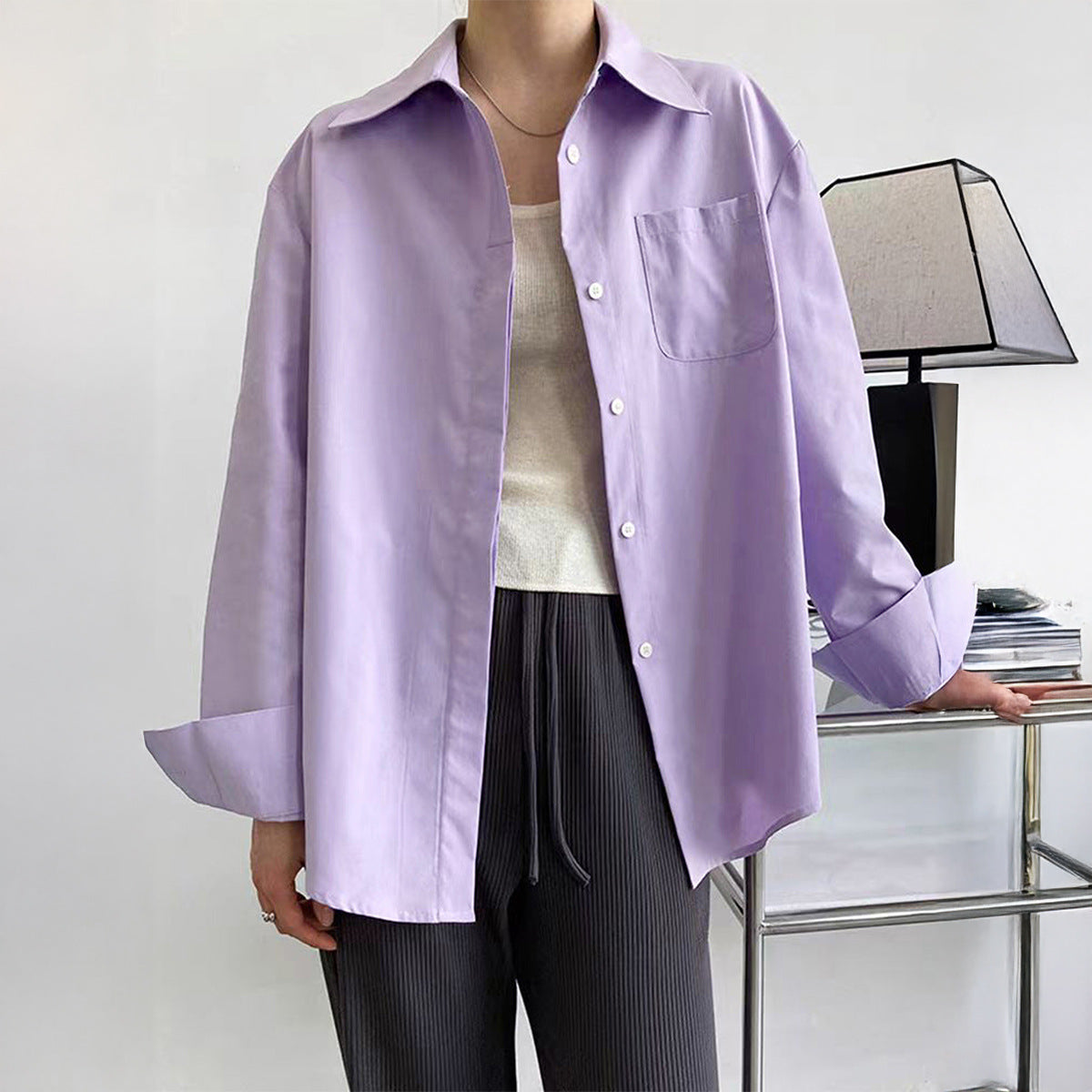 Women Clothing Autumn Winter Casual Vacation Button Solid Color Long Sleeved Shirt - Wanita Store