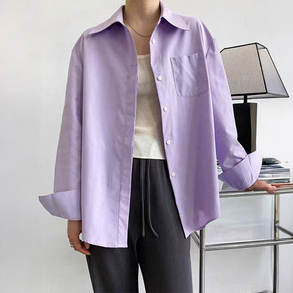 Women Clothing Autumn Winter Casual Vacation Button Solid Color Long Sleeved Shirt - Wanita Store