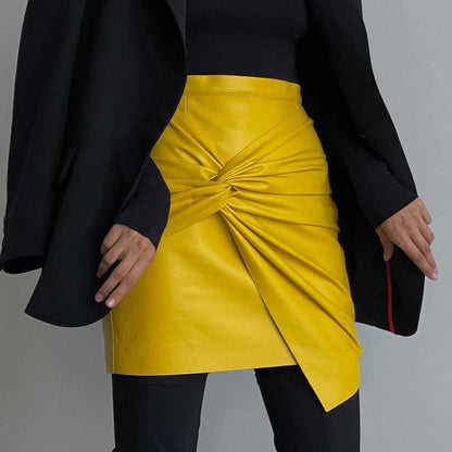 Women Clothing Autumn Winter Street Ruffle Hip Skirt Leather Skirt - Wanita Store