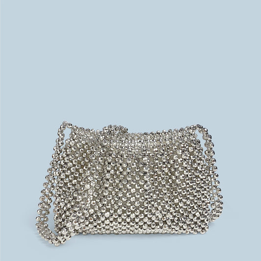 High Grade Complex Metallic Hand Woven Sliver Beads Small Square Bag Chain Crossbody Bag Beaded Mobile Phone Bag