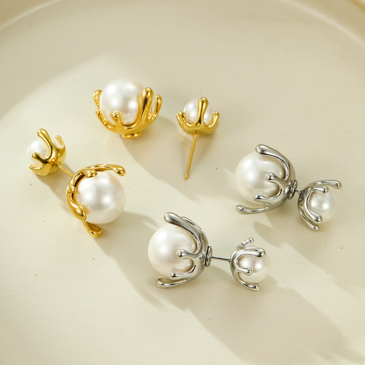 French All Matching Retro Titanium Steel One for Dual Wear Pearl Stud Earrings Personality Trend Light Luxury Earrings Women - Wanita Store
